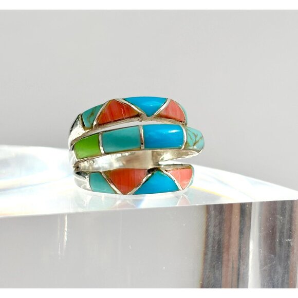 Navajo Style Turquoise & Coral Inlay Shank Vintage Unisex Ring - sz 5 - Picture 2 of 10